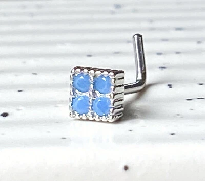 Four Turquoise Stones Square Top 20g Surgical Steel L-Bend Nose Stud Bone Ring - Image 1 of 4