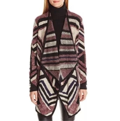 Cárdigan Suéter Cascada Geométrica Lucky Brand Frente Abierto Borgoña Negro L Foto 1 de 4