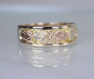 Black Hill Gold Wedding Band Ring Solid Heavy 10K Yellow Gold 4 Leaves Size 11