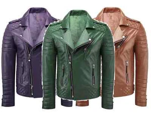 Chaqueta de cuero genuino de piel de cordero para hombre Chaqueta de abrigo hecha a mano para motociclista motocicleta - Imagen 1 de 37