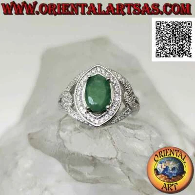 Anello in Argento 925‰ smeraldo naturale ovale incastonato su montatura tempesta - Immagine 1 di 4