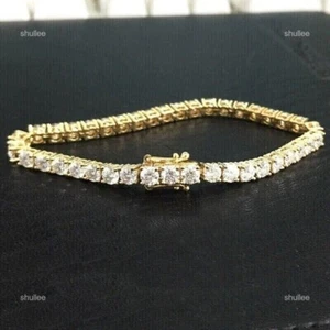 10K Yellow Gold Round Lab Grown Diamond Prong Courageous Lady Tennis Bracelet - Picture 1 of 13