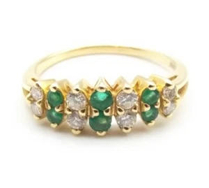 Vtg 18K Gold Natural Emerald Diamond Row Ring Sz 9.5 Modernist .32 Carat TCW - Picture 1 of 7