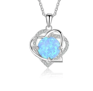 E05 Cœur 2 Petit Cœur Bleu Opale de Feu Sterling Argent 925 Pendentif Et Chaîne - Imagen 1 de 4