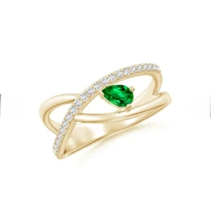 Criss Cross Pear Shaped Emerald Ring, 14k Gold Emerald Anniversary Gift For Her - Picture 1 of 4