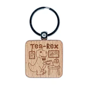 Tea Rex Tyrannosaurus Rex Dinosaur Engraved Wood Square Keychain Tag Charm - Picture 1 of 6