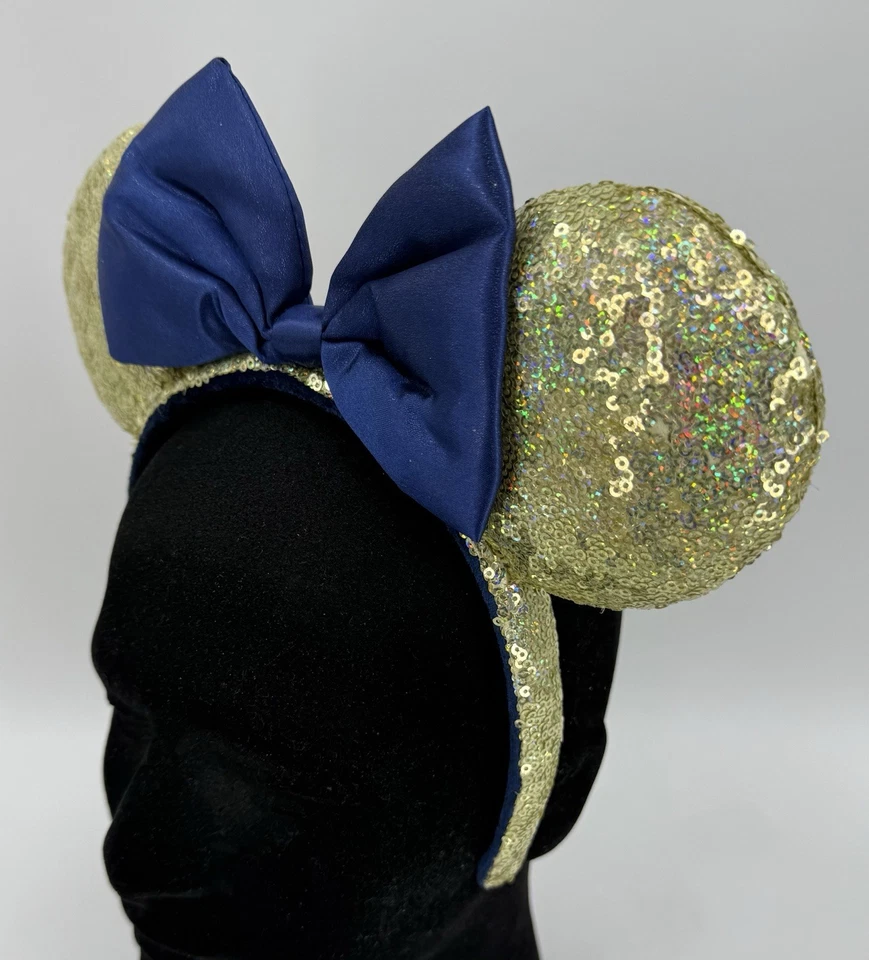 Disney Parks 50th Anniversary Minnie Mouse Ears Gold Sequin Blue Bow Headband