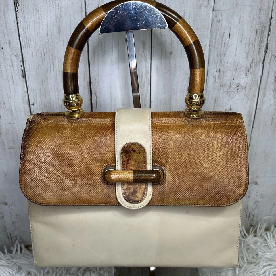 Fendi Leather Handbag Auth Brown White Women Italy 124106 - Image 1 of 4
