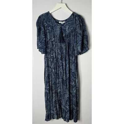Go Softly Patio House MuMu Dress Sz M Full Zip Tassel Blue Paisley Pockets Rayon - Image 1 of 4