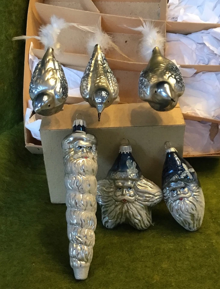 Alter Weihnachtsschmuck Christbaumschmuck 6 Ornamente 3 Vögel + 3 Bartmänner 179 - Bild 1 von 4