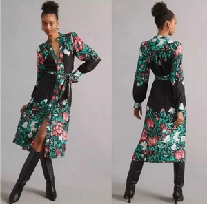 By Anthropologie Midi Shirt Dress size Xl Black Green Handkerchief Work Career - Picture 1 of 9