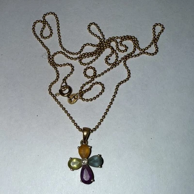 Vintage 14k Gold Gem Stone Cross Pendant & Ball Chain Necklace 20 1/2” - Image 1 of 4