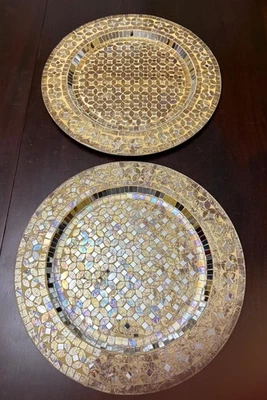 Pier 1 Mosaic Glass Mirror Tray Platter Gold  PAIR 13.75" Christmas Elegant - Image 1 of 4