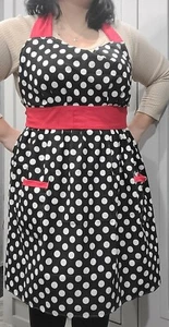 Womens retro black & white polka dot handmade apron w/ pockets and red accents - Picture 1 of 4