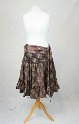 Falda Reiss Lunares Volantes Dobladillo Marrón/Dorado Seda Talla 14 Reino Unido Usada CR015 CC 02 Foto 1 de 4