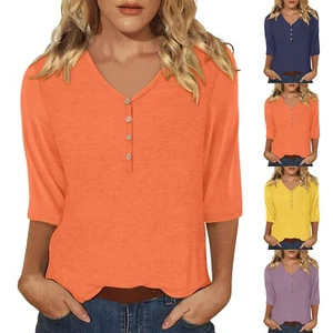 Women's 3/4 Sleeve T Shirts V Neck Tunic Tops Cute Tees Blouses Loose Tee - Picture 1 of 23