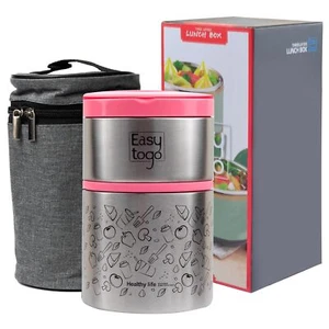 2-Tier 32oz Stainless Steel Lunch Box Insulated Food Container with Bag Pink - Picture 1 of 7