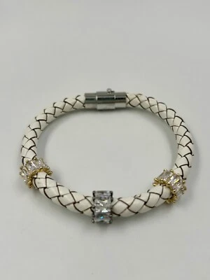White Leather Magnetic Bracelet  Crystal  Charms Elements Gold & Silver Tone - Image 1 of 4
