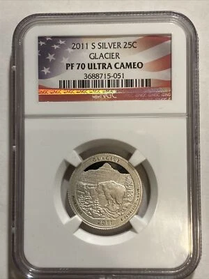 2011 S SILVER 25c GLACIER ATB QUARTER NGC PF70 ULTRA CAMEO (FLAG LABEL) - Image 1 of 2