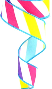 Wide Stripe 1.5" by 2 yd Wired Ribbon Multi Color Diagonal Pink Yellow Easter - Picture 1 of 3