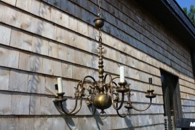 Flemish Dutch Style Chandelier 6 Arms Lights Brass Barn Country Style Eagles - Image 1 of 4