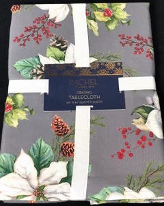 Rachel Roy Christmas Berries Poinsettia Pine Cone Floral 60 x 84 Tablecloth Gray - Picture 1 of 6