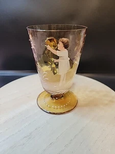 Antique Mary Gregory Enamel Painted Amber Glass Footed With Handle - Picture 1 of 10