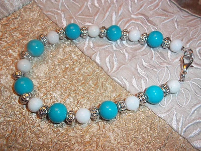 Tornozeleira de vidro feita à mão 10 polegadas azul e branca e prata tibetana Z-26 - Imagem 1 de 3