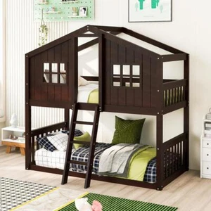 Chic Barnyard Style Twin Over Twin Wood House Bunk Bed with Ladder 4 Colors - Picture 1 of 12