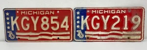 Michigan Bicentennial License Plates PAIR KGY USA American Flag EXPIRATION 1976 - Picture 1 of 18