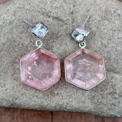 morganite earrings : Moissanite polki , 925 Sterling Silver Jewelry - Image 1 of 4