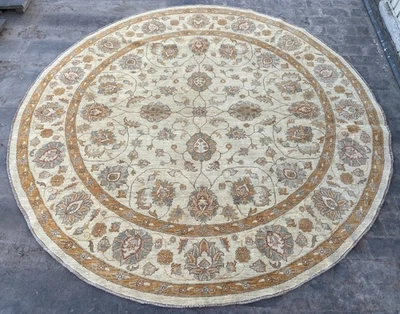 9x9 Ivory Handmade Oriental Round Area Rug Traditional Turkmen Wool Modern Rug - Image 1 of 4