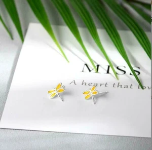 Silver Enamel Yellow Dragonfly Stud Earring - Picture 1 of 2