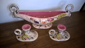 Hull Pottery BLOSSOM FLITE Console Bowl, 2 Chamberstick Set Mid Century Ceramics - Picture 1 of 9