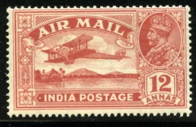 INDIA C6, 1929-30 12a DE HAVILAND OVER LAKE, MINT, OG, LIGHT HINGE (IN567K) - Image 1 of 2