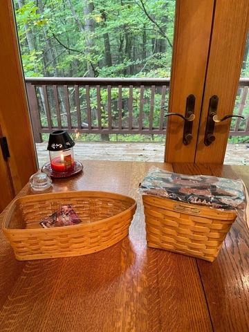 (2) Longaberger Baskets 'Boat', 'Hartville' Tour Basket With Train Lid, NEW Cover