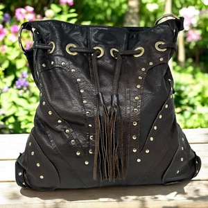 Bulga Brown Leather Studded Bucket Hobo Shoulder Bag Tassel Fringe Boho Hippie - Picture 1 of 21