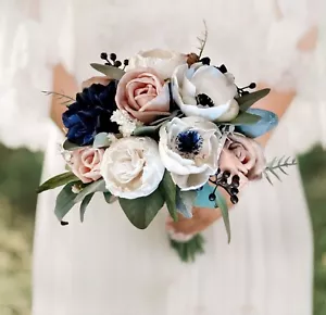 Anemone Pink Navy Bridal Bouquet Sola Wood Bridesmaid Artificial Wedding Flowers - Picture 1 of 1