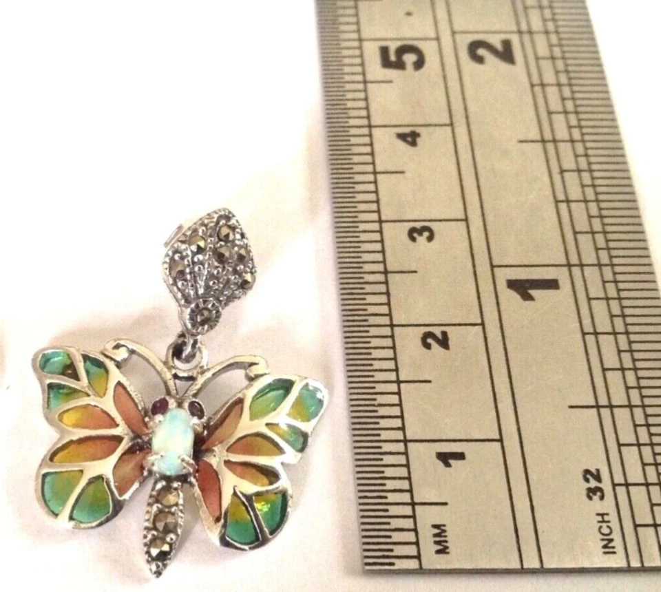 Sterling Silver Plique a Jour Art Nouveau Deco Ruby Fire Opal Butterfly Pendant - Image 1 of 1
