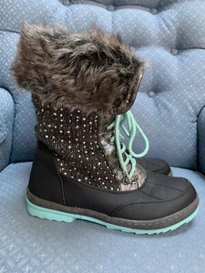 JUSTICE BOOTS SZ 8 YOUTH WINTER GREY/TURQ SHIMMER SNOW/RAIN FAUX FUR SUPER CUTE! - Picture 1 of 6