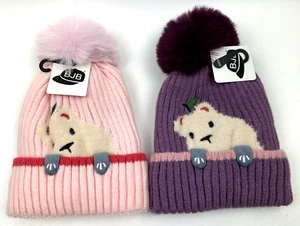 (2) Rosa/Lila Haustiere Tier Beanie Strick Mütze Unisex Bommel Rosa Winter Rennmaus - Bild 1 von 5