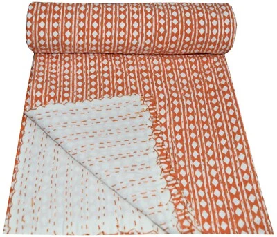 Indian Twin Cotton Kantha Quilt Polka Dot Handmade Bedspread Orange Throw Gudari - Image 1 of 4