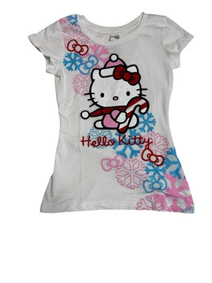 Girl’s Sz M (10) Hello Kitty Short Sleeve Christmas Themed White T-Shirt - Image 1 of 4
