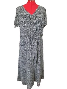Ralph Lauren Tie Front Chiffon Dress 16 Navy Leaf Pattern Midi Short Sleeves - Picture 1 of 10