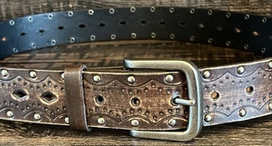 Druckknopfschnalle Nieten Vintage geprägtes gebundenes Leder Gürtel Größe 36" - Bild 1 von 7