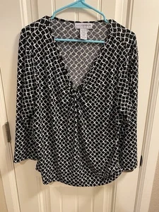 Sag Harbor Top XL Stretch Black White Blouse 3/4 Sleeve Shirt - Picture 1 of 7