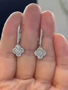2Ct Round Lab Created Diamond Clover Drop& Dangle Earrings 14K White Gold Finish - Picture 1 of 3