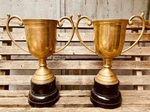 Gold Trophy x2 Vintage Large Pair Antique 1970’s Engraved Plated Trophies Award - Picture 1 of 24