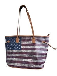American Flag Motif Tote Bag Patriotic Stars & Stripes Shoulder Carry - Picture 1 of 13