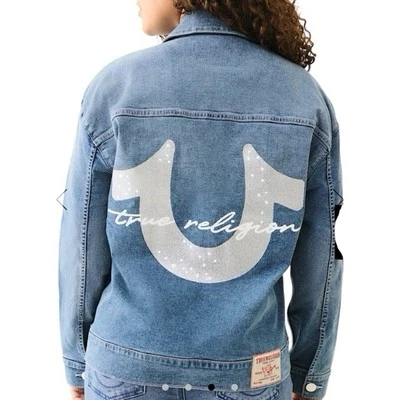 $159🔥 NUEVO CON ETIQUETAS TRUE RELIGION Chaqueta Denim Brillo Grande Logo Metálico Talla Grande Foto 1 de 4